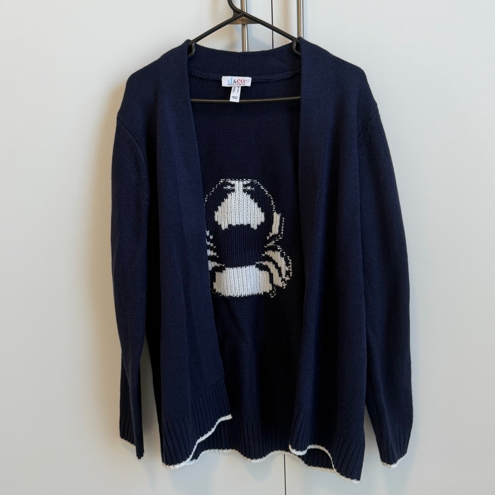 Denim & Co Navy Crab Nautical Cardigan Sweater Size Medium Coastal Preppy - Picture 2 of 6
